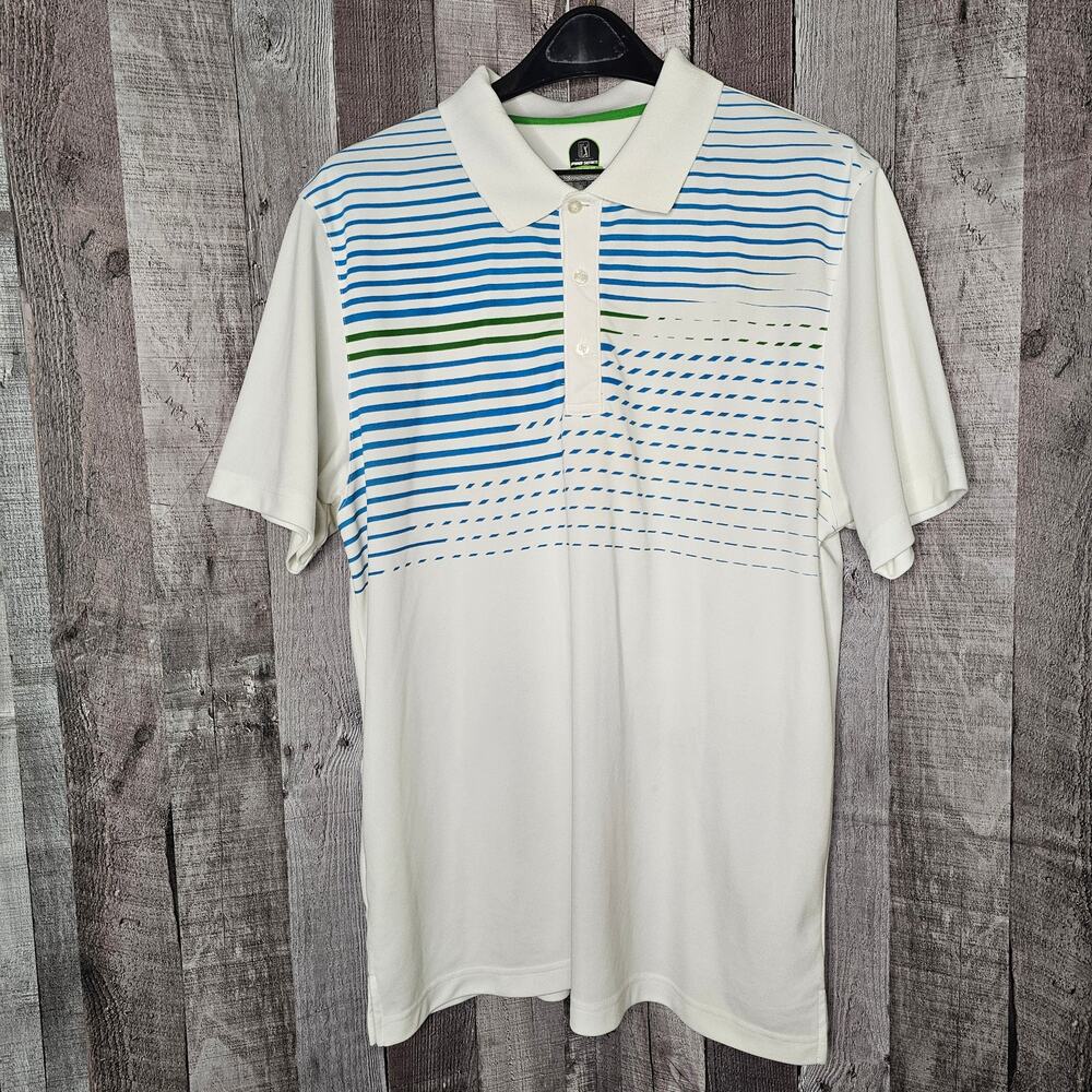 PGA Tour Golf Men’s XL Polo Shirt Pro Series Motion Print White Blue Stripe